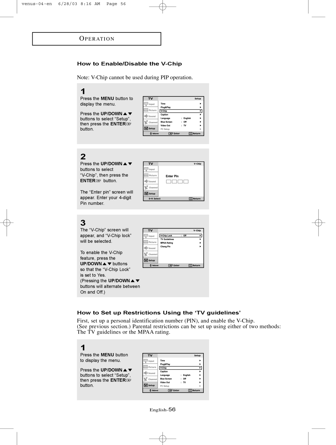 Samsung LTN325W manual How to Enable/Disable the V-Chip, How to Set up Restrictions Using the ‘TV guidelines’ 