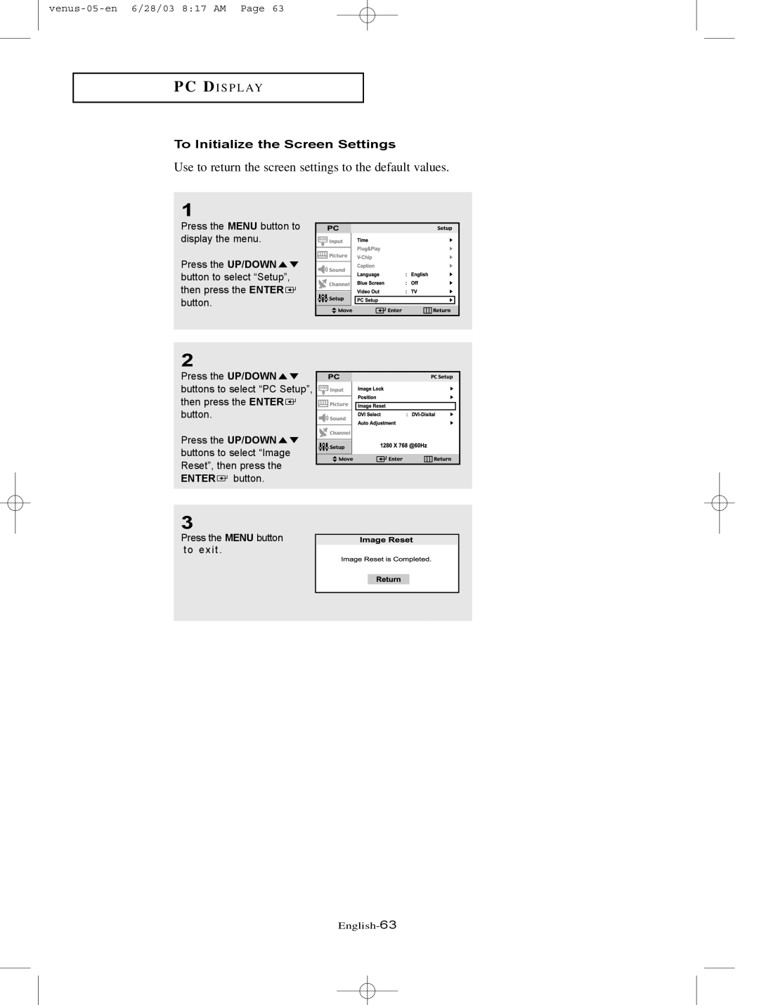 Samsung LTN325W manual Use to return the screen settings to the default values, To Initialize the Screen Settings 