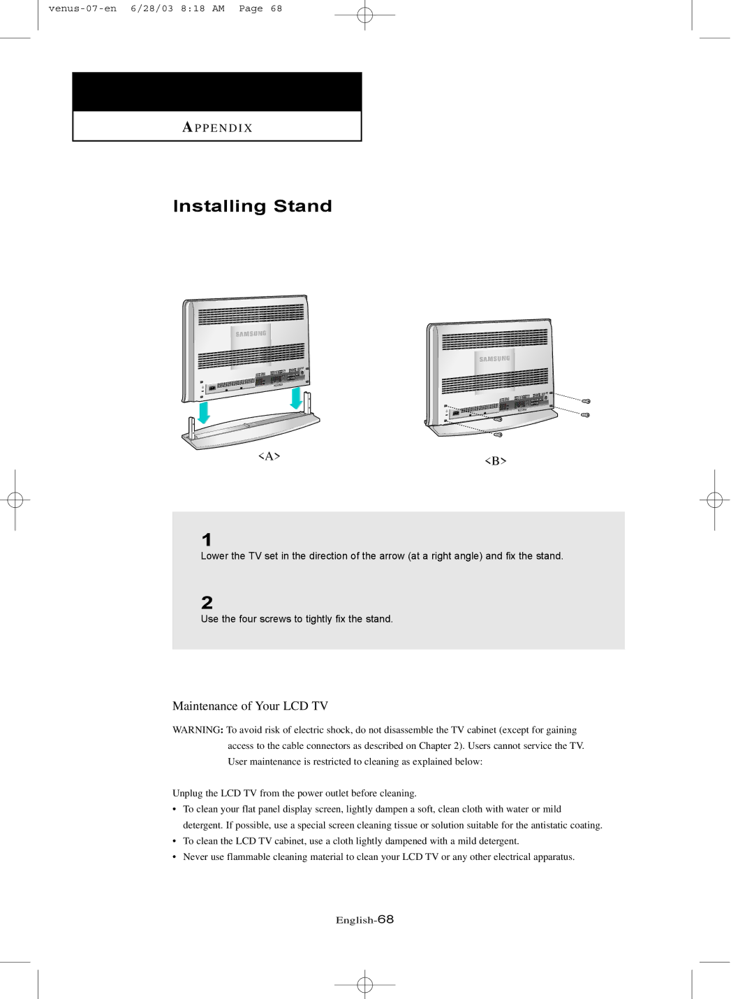 Samsung LTN325W manual Installing Stand, Maintenance of Your LCD TV 