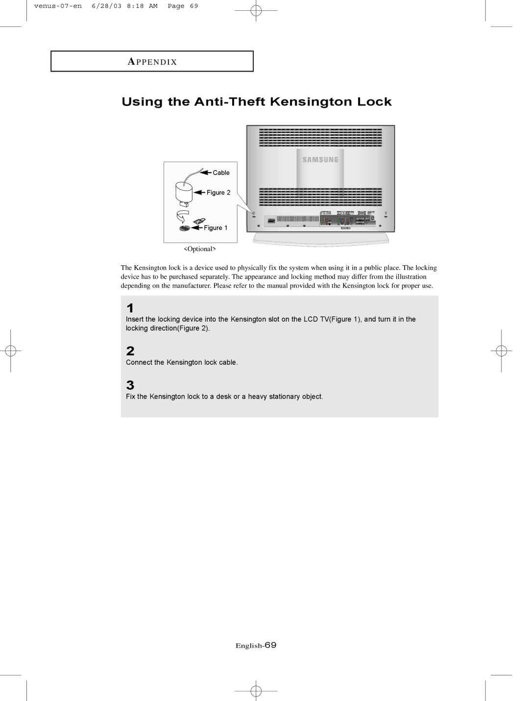 Samsung LTN325W manual Using the Anti-Theft Kensington Lock, Optional 