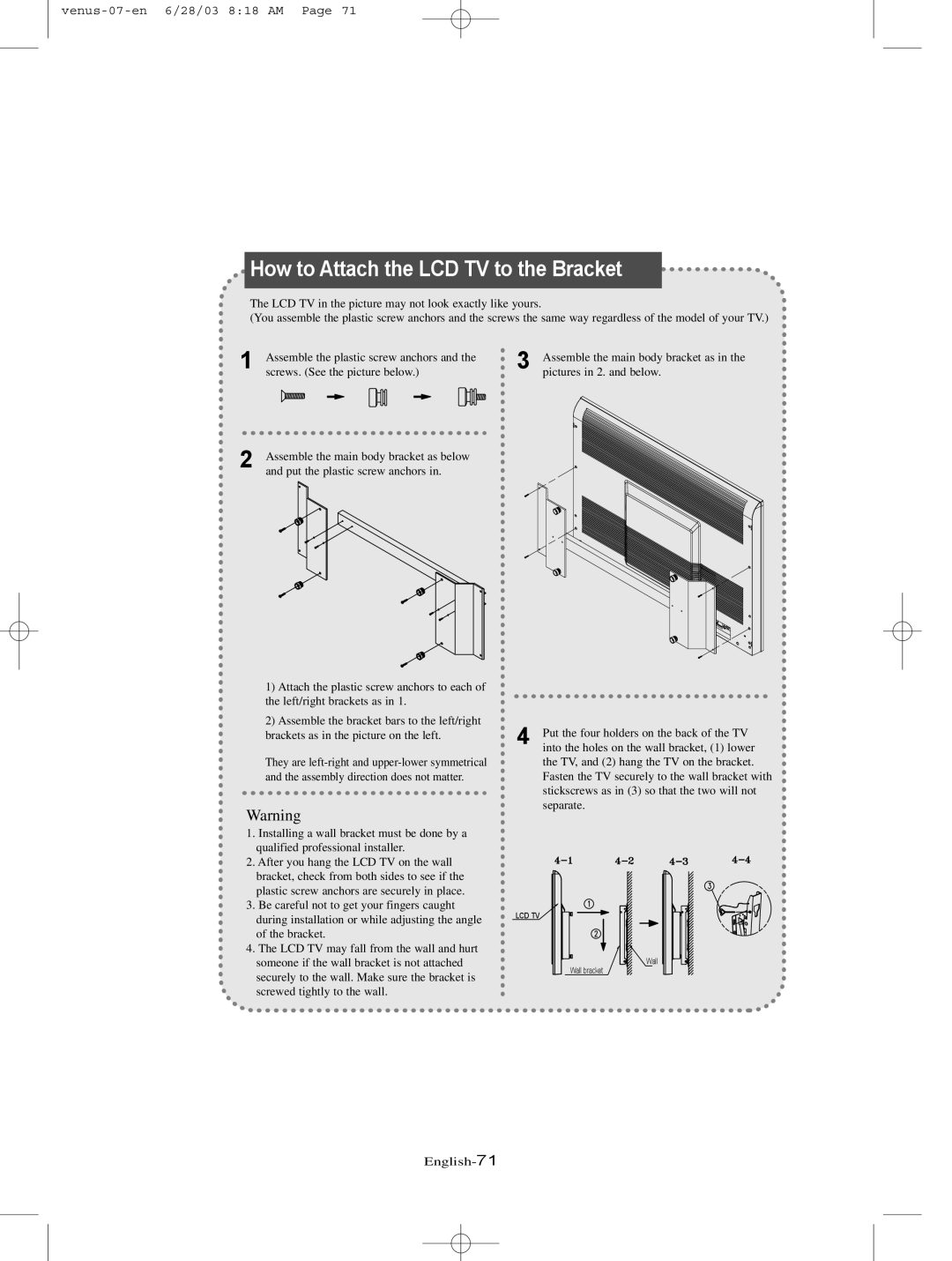 Samsung LTN325W manual How to Attach the LCD TV to the Bracket 