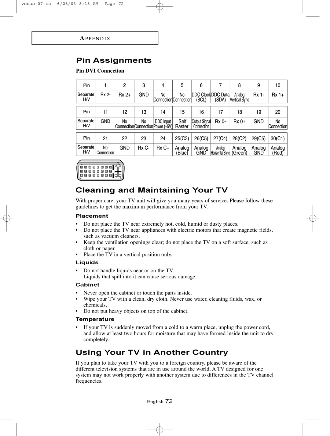 Samsung LTN325W manual Pin Assignments, Cleaning and Maintaining Your TV, Using Your TV in Another Country 