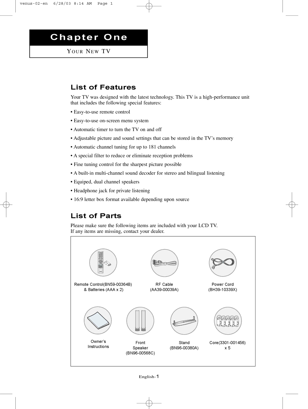 Samsung LTN325W manual List of Features, List of Parts 