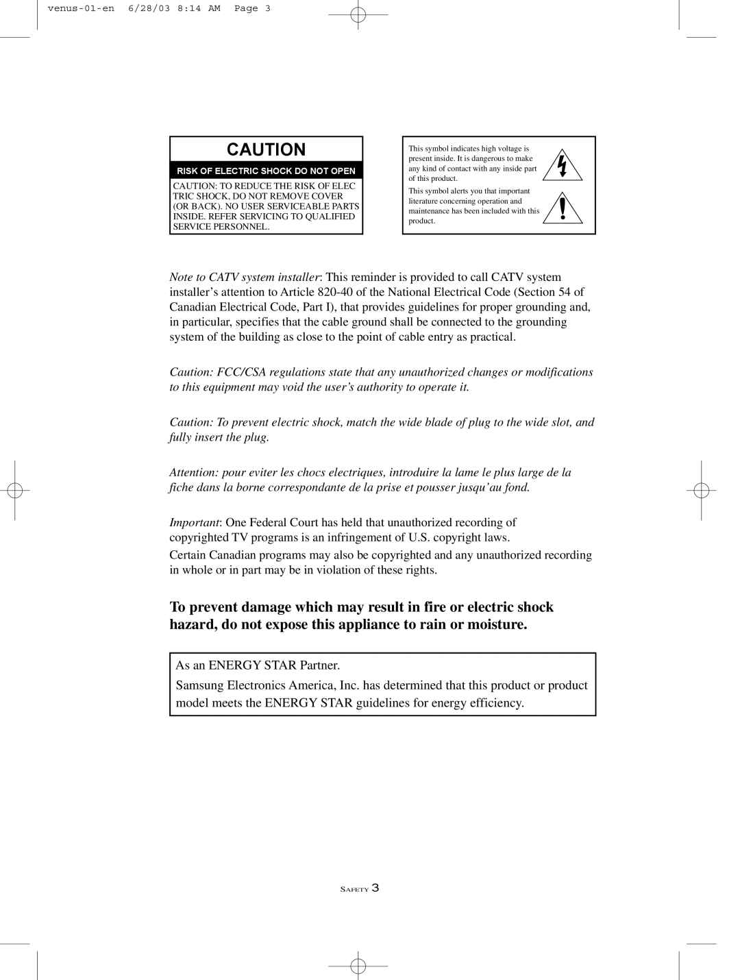 Samsung LTN406W manual Risk of Electric Shock do not Open 