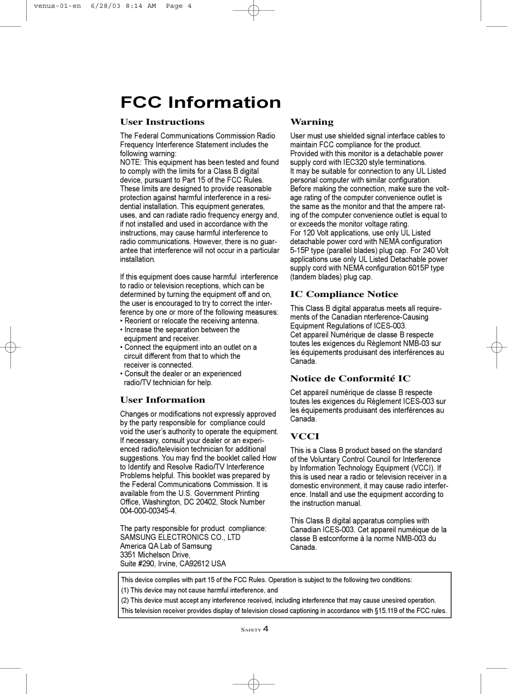 Samsung LTN406W manual FCC Information 