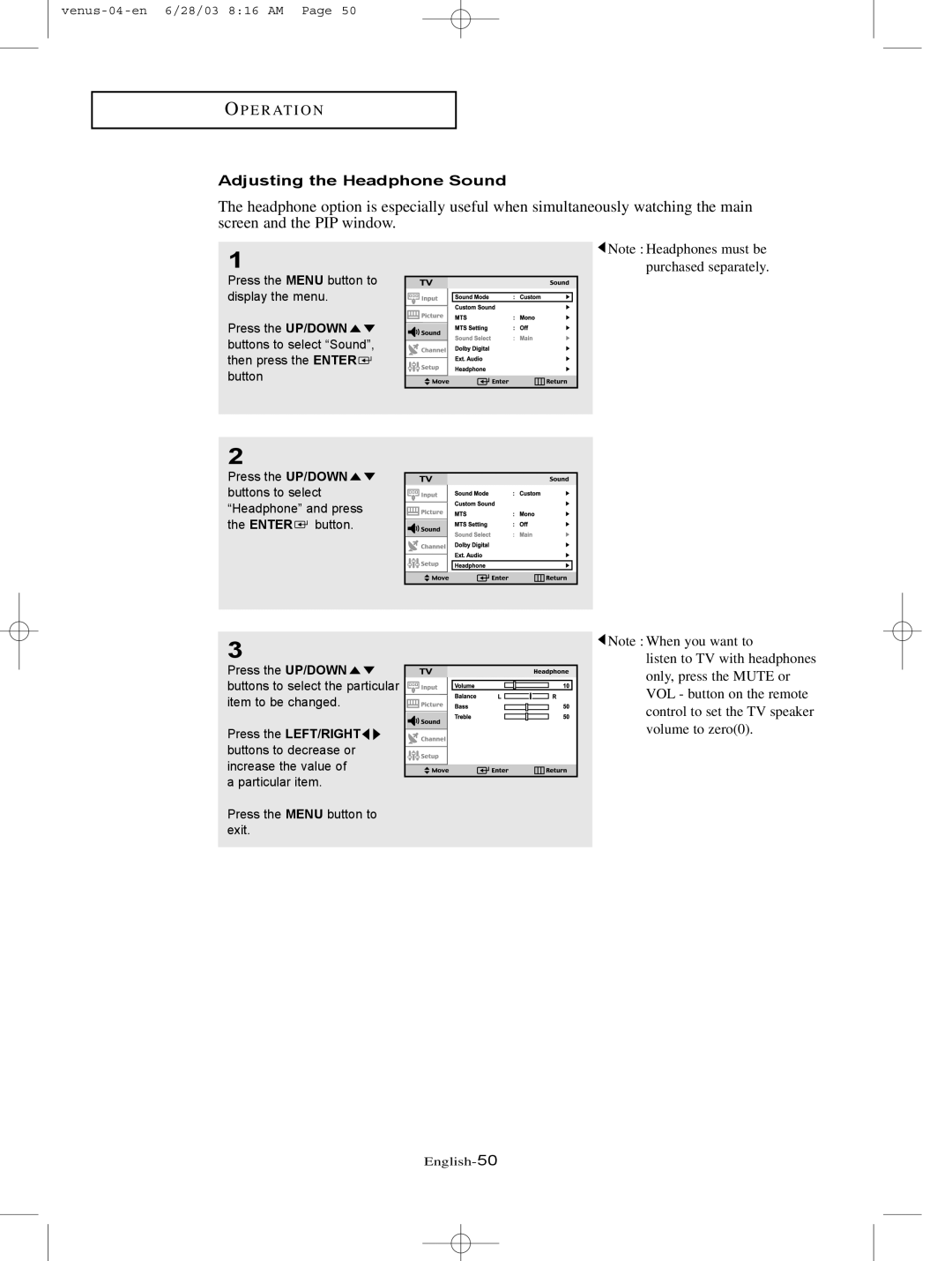 Samsung LTN406W manual Adjusting the Headphone Sound 