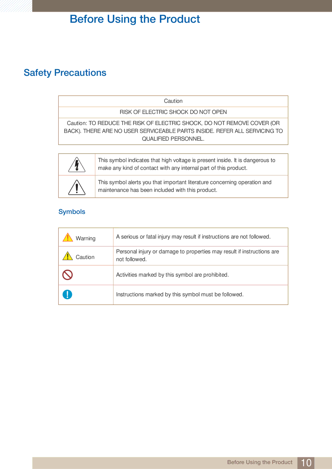 Samsung LU28E590DS/CI, LU24E590DS/EN, LU28E590DS/EN, LU28E590DS/XV, LU24E590DS/CI, LU28E590DSR/CH Safety Precautions, Symbols 