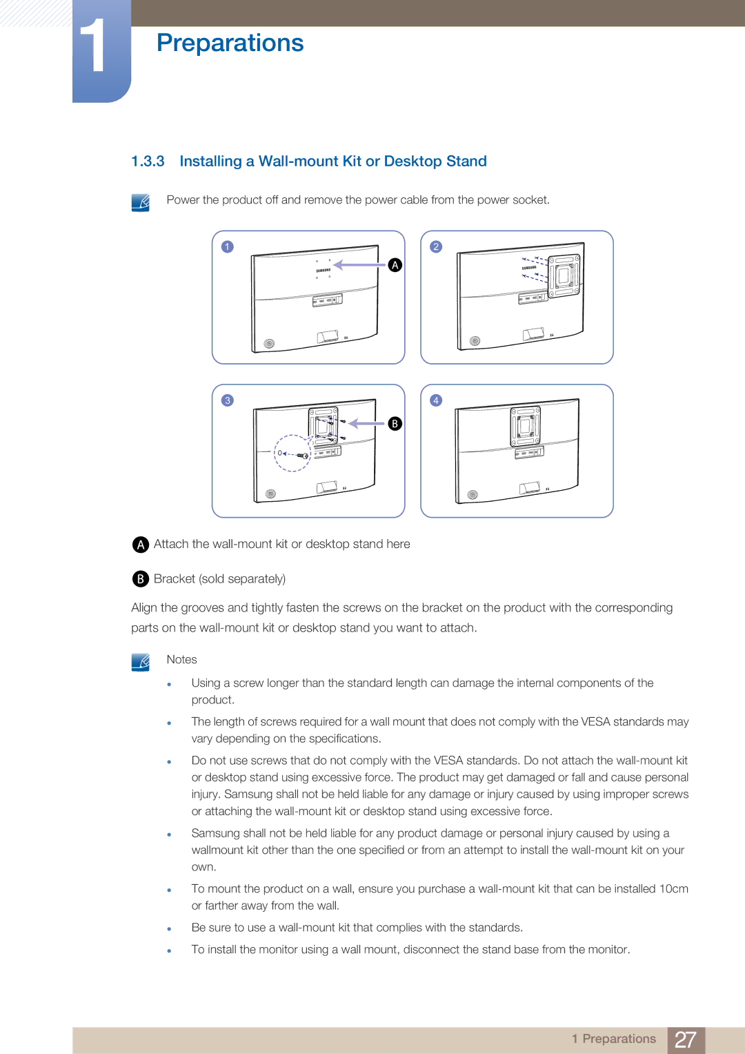 Samsung LU24E590DS/CH, LU24E590DS/EN, LU28E590DS/EN, LU28E590DS/XV manual Installing a Wall-mount Kit or Desktop Stand 