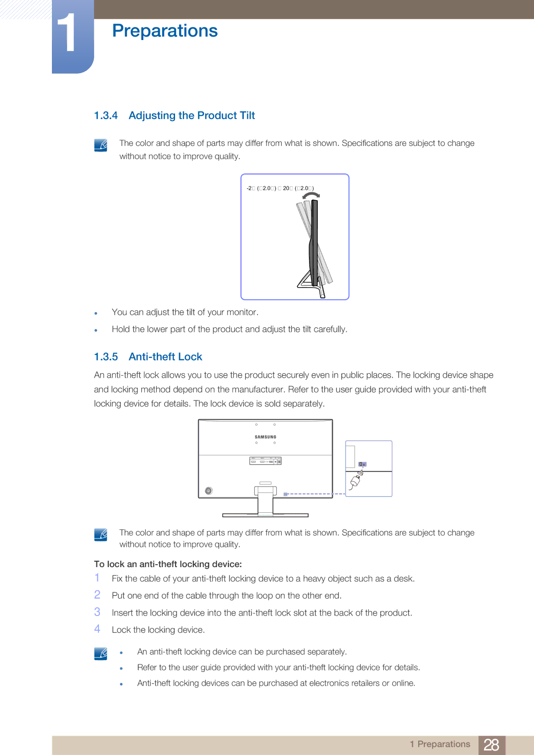 Samsung LU24E590DS/EN, LU28E590DS/EN, LU28E590DS/XV, LU28E590DS/CI, LU24E590DS/CI Adjusting the Product Tilt, Anti-theft Lock 