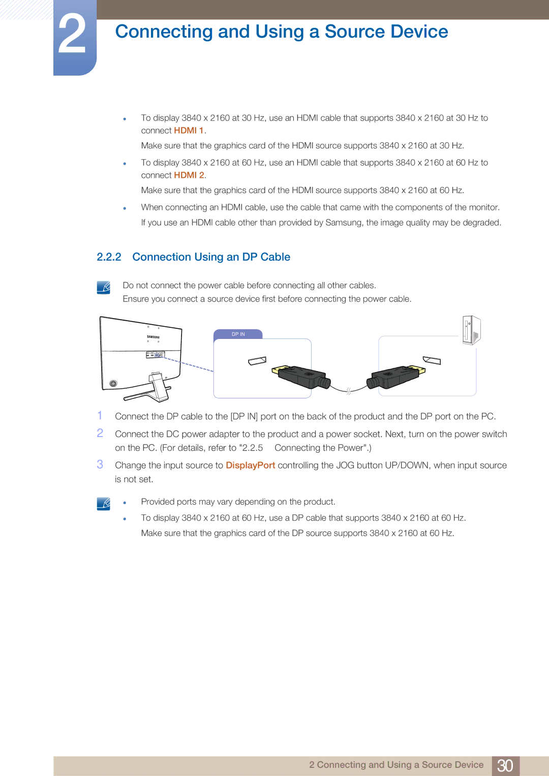 Samsung LU28E590DS/XV, LU24E590DS/EN, LU28E590DS/EN, LU28E590DS/CI, LU24E590DS/CI, LU28E590DSR/CH Connection Using an DP Cable 