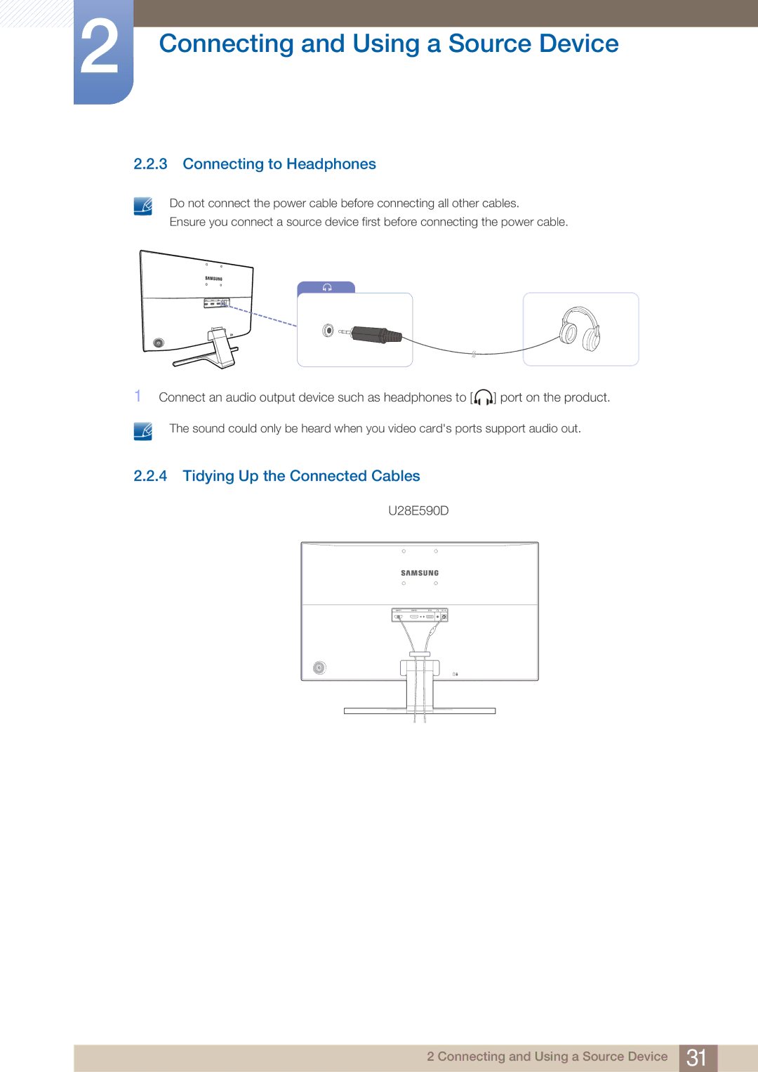 Samsung LU28E590DS/CI, LU24E590DS/EN, LU28E590DS/EN, LU28E590DS/XV Connecting to Headphones, Tidying Up the Connected Cables 