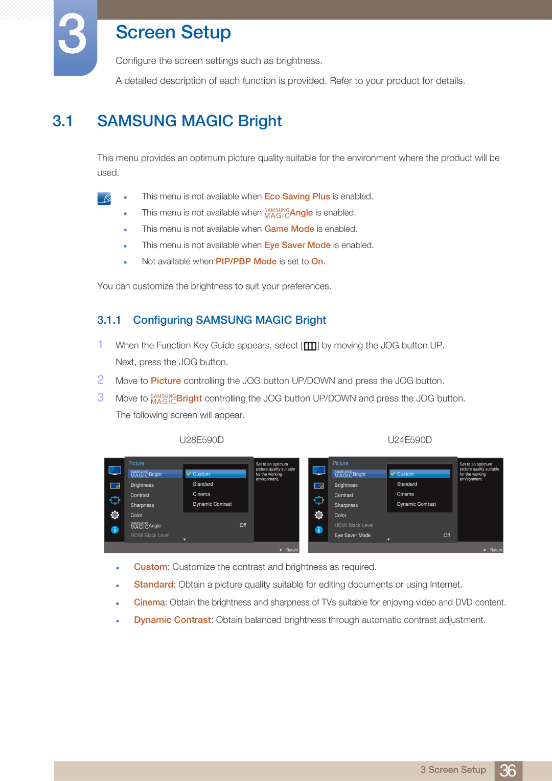 Samsung LU28E590DS/EN, LU24E590DS/EN, LU28E590DS/XV, LU28E590DS/CI manual Screen Setup, Configuring Samsung Magic Bright 