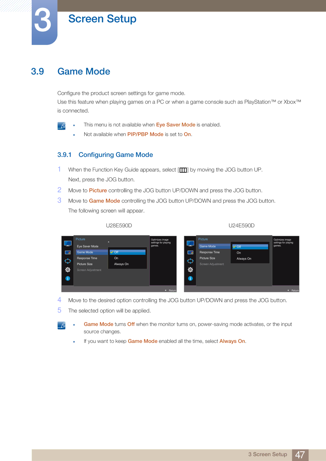 Samsung LU28E590DSR/CH, LU24E590DS/EN, LU28E590DS/EN, LU28E590DS/XV, LU28E590DS/CI, LU24E590DS/CI Configuring Game Mode 