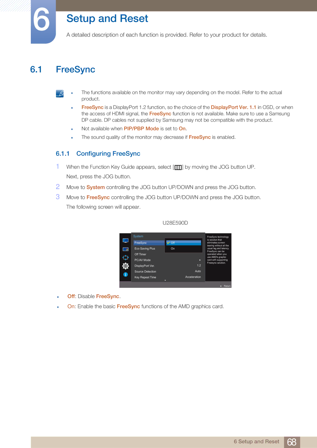 Samsung LU28E590DSR/CH, LU24E590DS/EN, LU28E590DS/EN, LU28E590DS/XV, LU28E590DS/CI Setup and Reset, Configuring FreeSync 