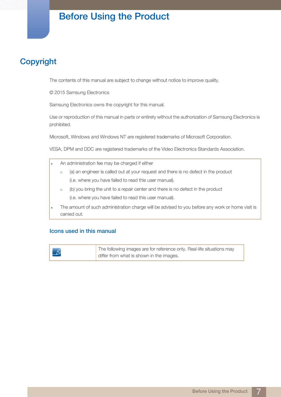 Samsung LU24E590DS/EN, LU28E590DS/EN, LU28E590DS/XV Before Using the Product, Copyright, Icons used in this manual 