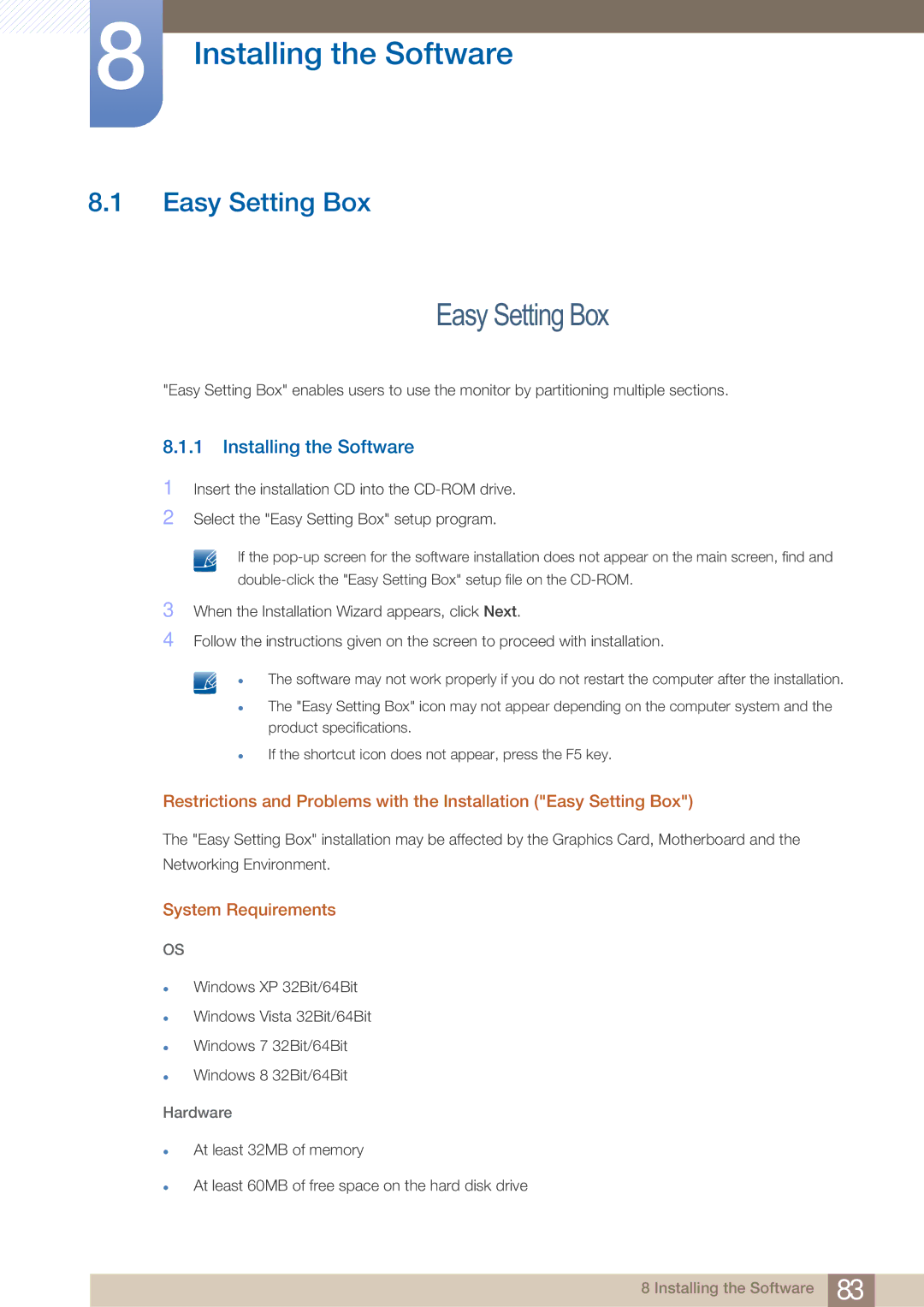 Samsung LU24E590DS/CH, LU24E590DS/EN, LU28E590DS/EN, LU28E590DS/XV, LU28E590DS/CI Installing the Software, Easy Setting Box 