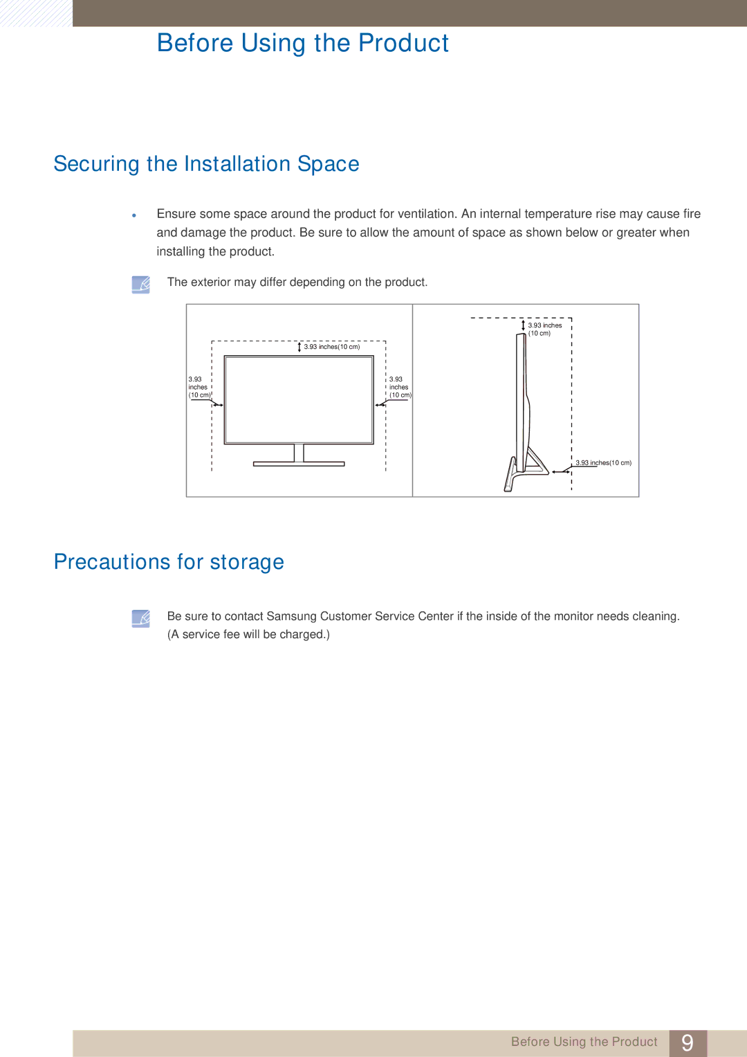 Samsung LU28E590DS/XV, LU24E590DS/EN, LU28E590DS/EN, LU28E590DS/CI Securing the Installation Space, Precautions for storage 