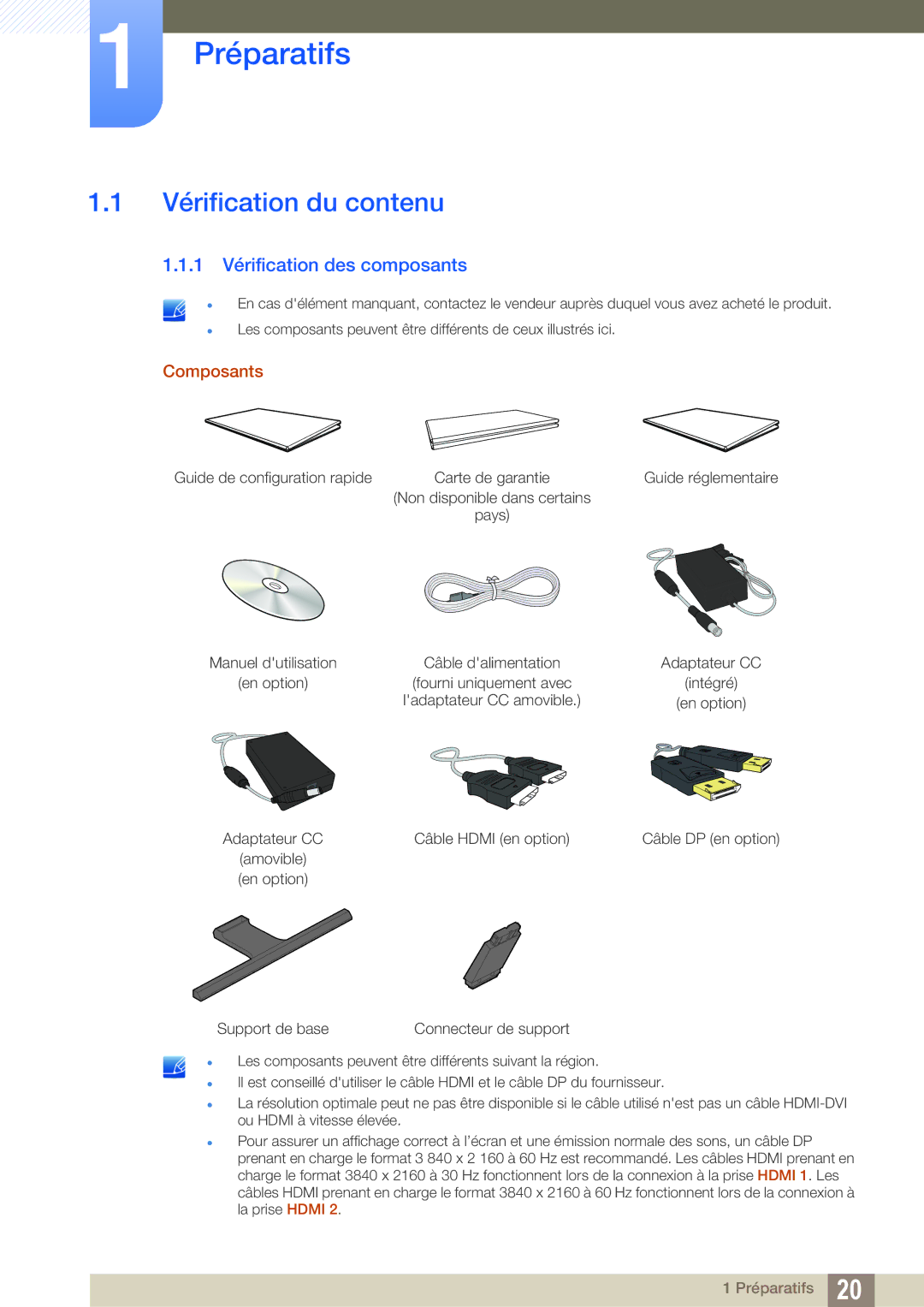 Samsung LU24E590DS/EN, LU28E590DS/EN manual Préparatifs, Vérification du contenu, 1 Vérification des composants 