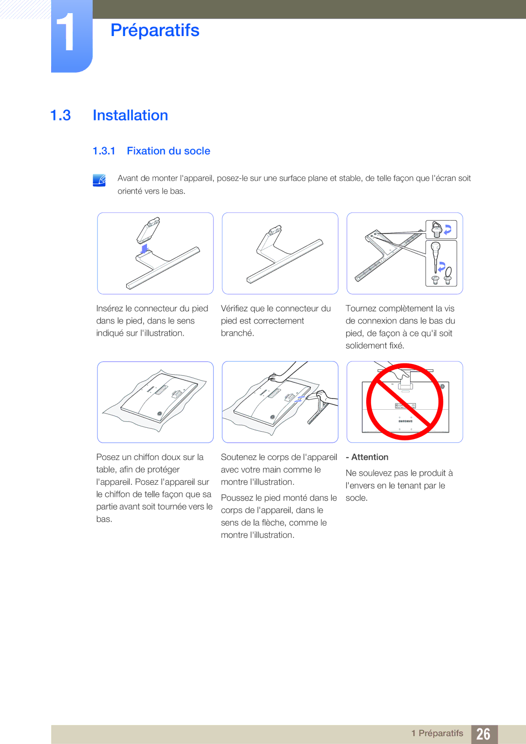 Samsung LU24E590DS/EN, LU28E590DS/EN manual Installation, Fixation du socle 