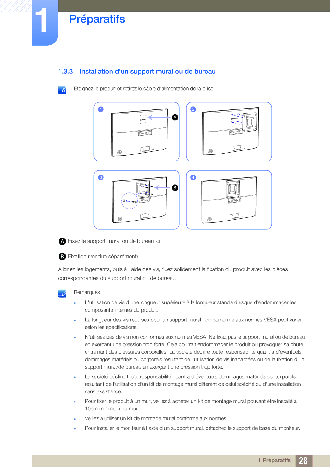 Samsung LU24E590DS/EN, LU28E590DS/EN manual Installation dun support mural ou de bureau 