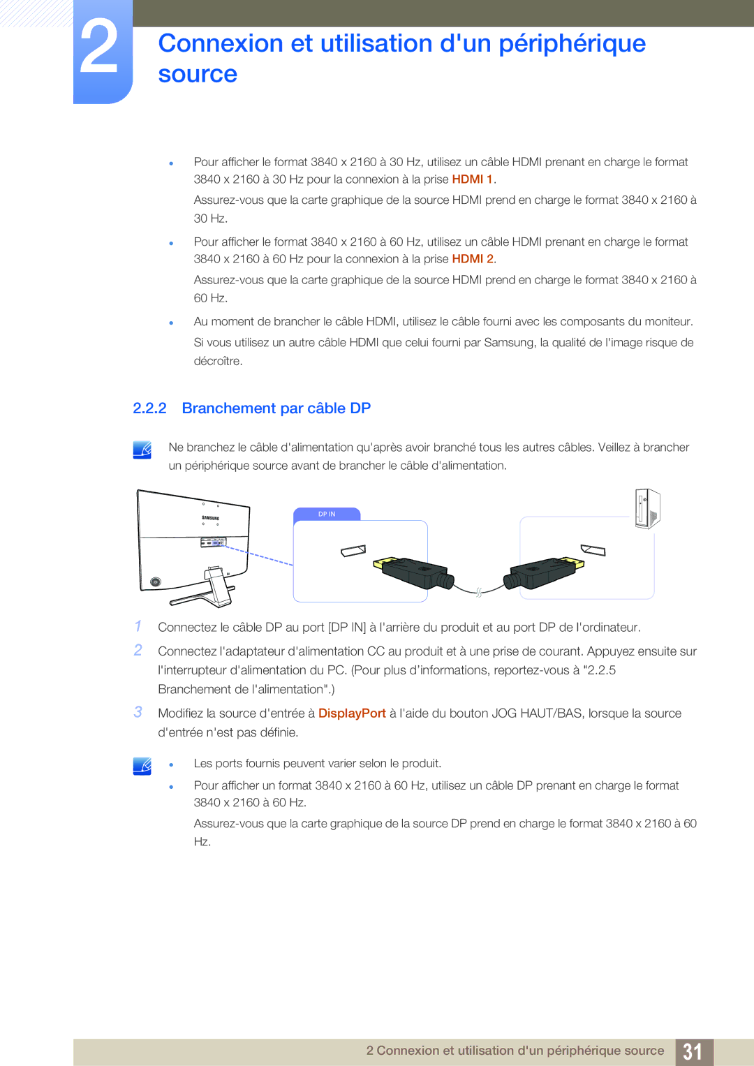 Samsung LU28E590DS/EN, LU24E590DS/EN manual Branchement par câble DP 