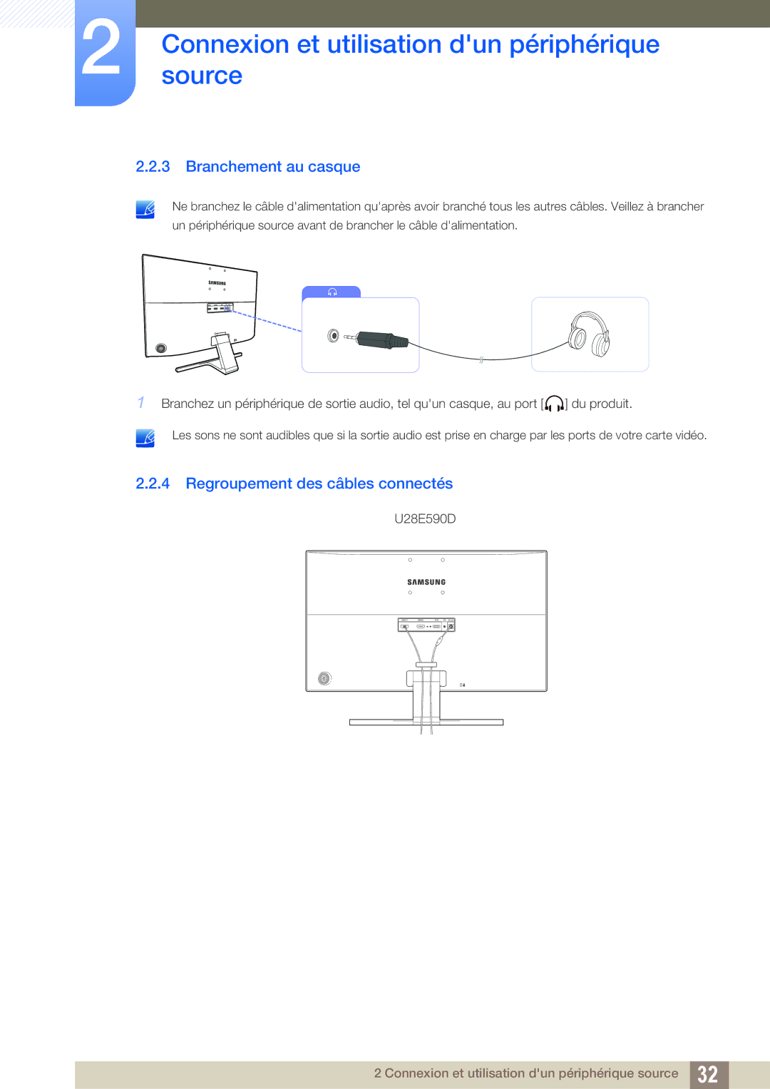 Samsung LU24E590DS/EN, LU28E590DS/EN manual Branchement au casque, Regroupement des câbles connectés 