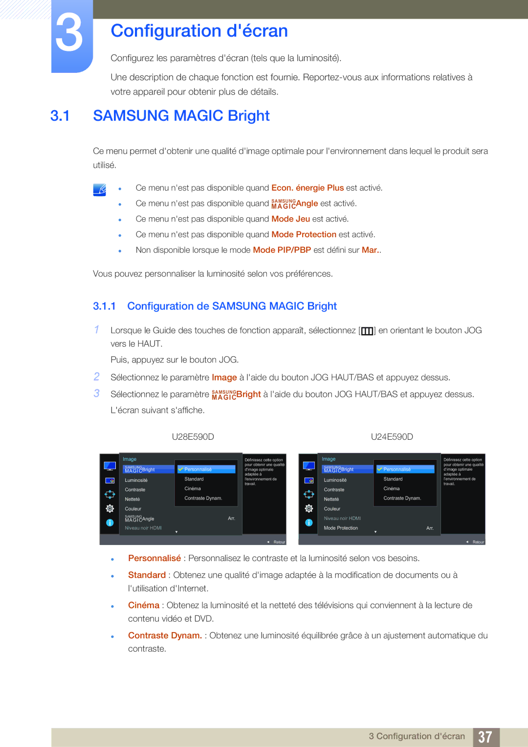 Samsung LU28E590DS/EN, LU24E590DS/EN manual Configuration décran, Configuration de Samsung Magic Bright 