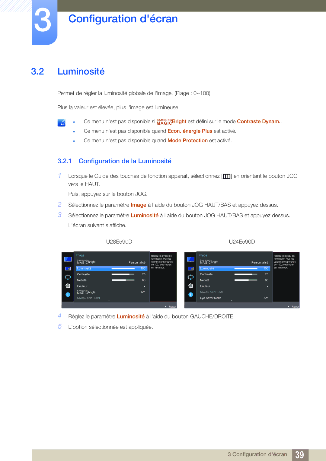 Samsung LU28E590DS/EN, LU24E590DS/EN manual Configuration de la Luminosité 