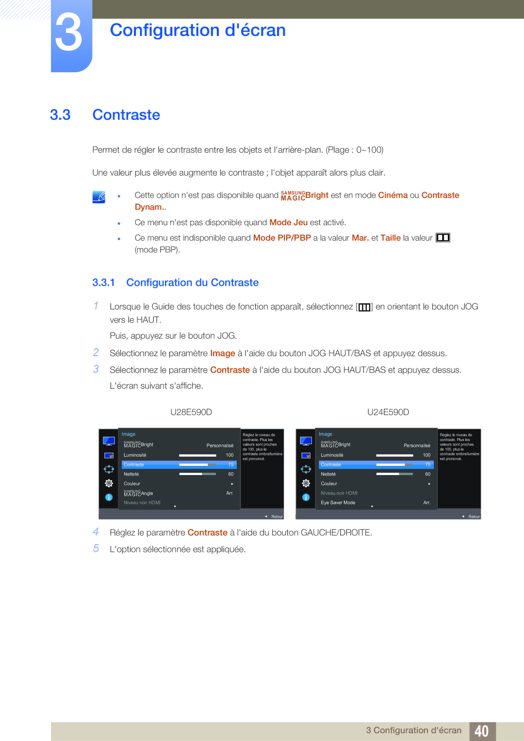 Samsung LU24E590DS/EN, LU28E590DS/EN manual Configuration du Contraste 