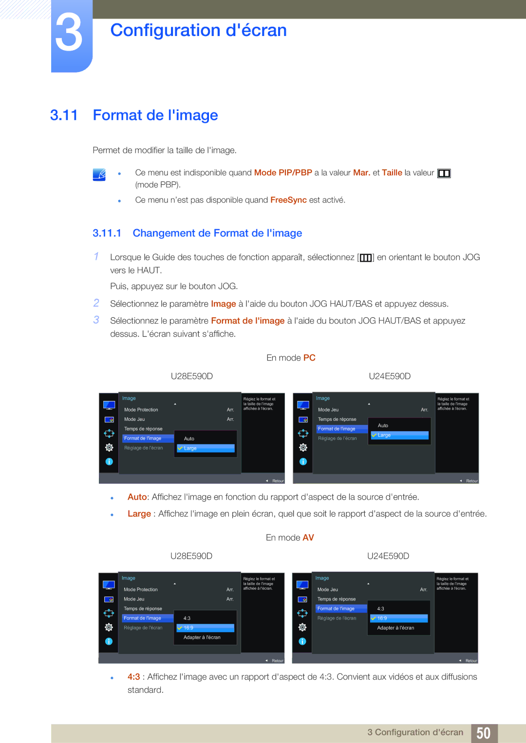 Samsung LU24E590DS/EN, LU28E590DS/EN manual Changement de Format de limage 