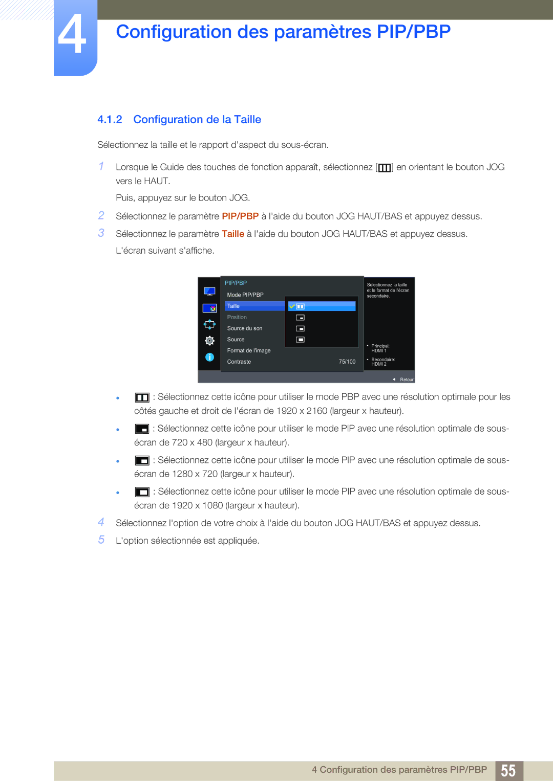 Samsung LU28E590DS/EN, LU24E590DS/EN manual Configuration de la Taille, Source du son Format de limage Contraste 