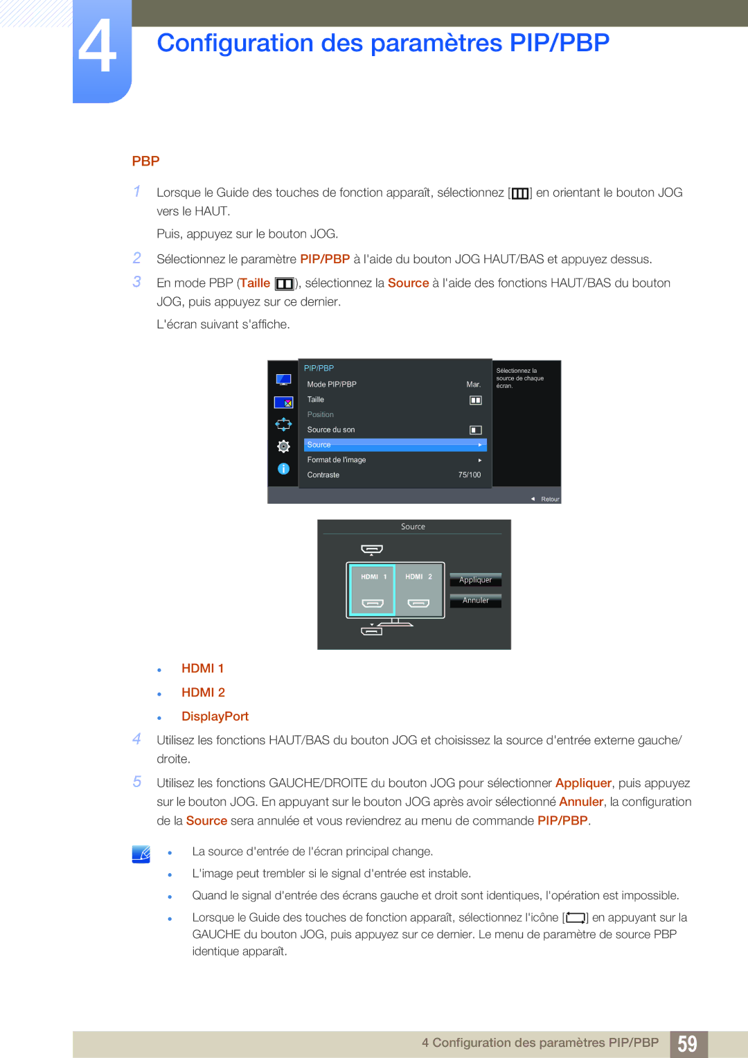 Samsung LU28E590DS/EN, LU24E590DS/EN manual En orientant le bouton JOG Fonctions HAUT/BAS du bouton 