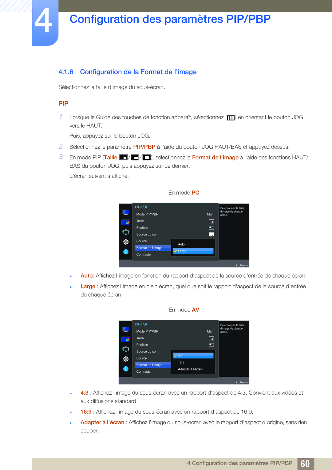 Samsung LU24E590DS/EN, LU28E590DS/EN manual Configuration de la Format de limage, Pip 