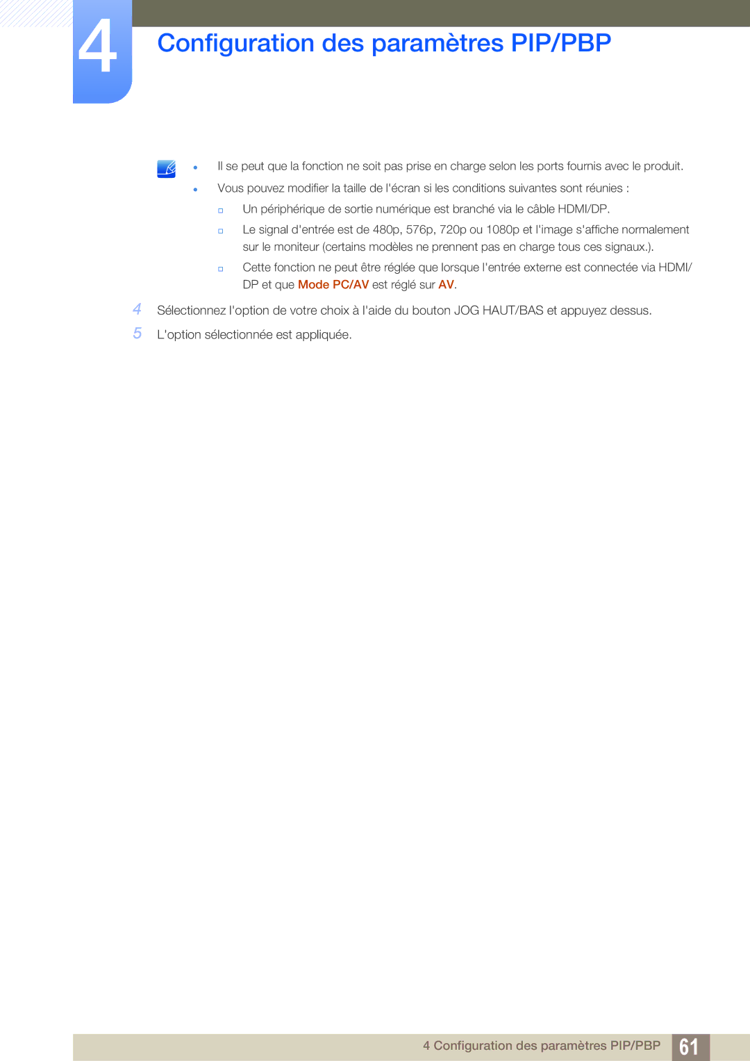 Samsung LU28E590DS/EN, LU24E590DS/EN manual Configuration des paramètres PIP/PBP 