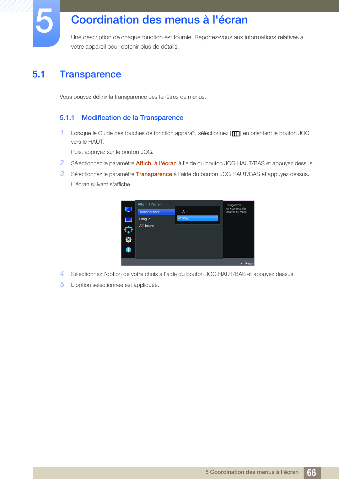 Samsung LU24E590DS/EN, LU28E590DS/EN manual Coordination des menus à lécran, Modification de la Transparence 