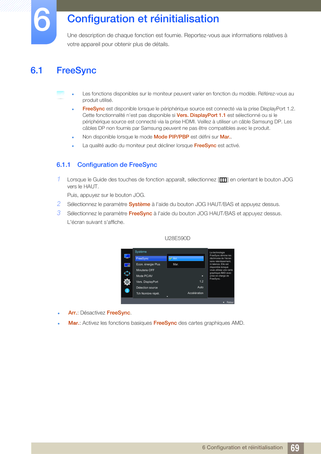 Samsung LU28E590DS/EN, LU24E590DS/EN manual Configuration et réinitialisation, Configuration de FreeSync 