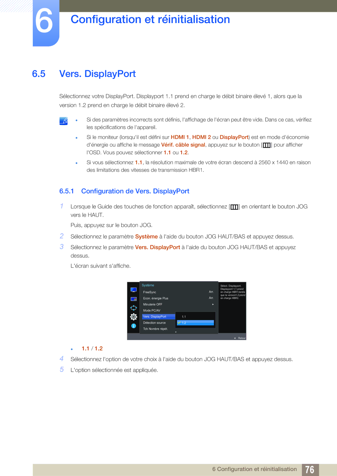 Samsung LU24E590DS/EN, LU28E590DS/EN manual Configuration de Vers. DisplayPort 