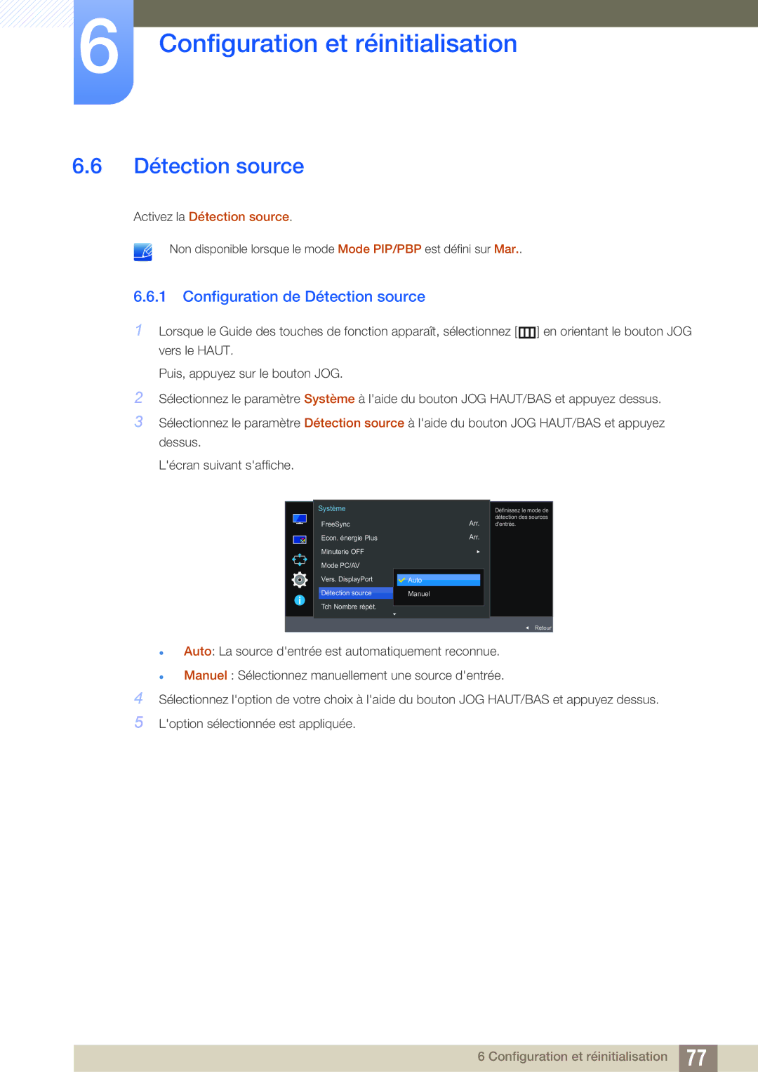 Samsung LU28E590DS/EN, LU24E590DS/EN manual Configuration de Détection source 