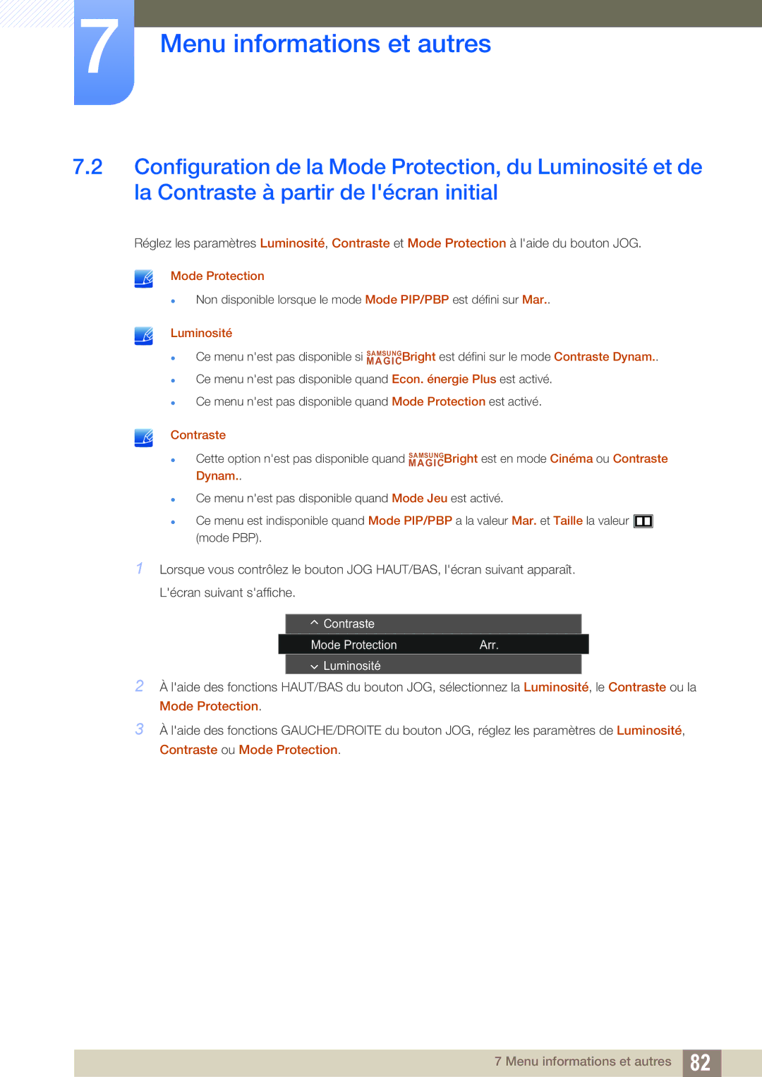 Samsung LU24E590DS/EN, LU28E590DS/EN manual Contraste Mode Protection Arr Luminosité 