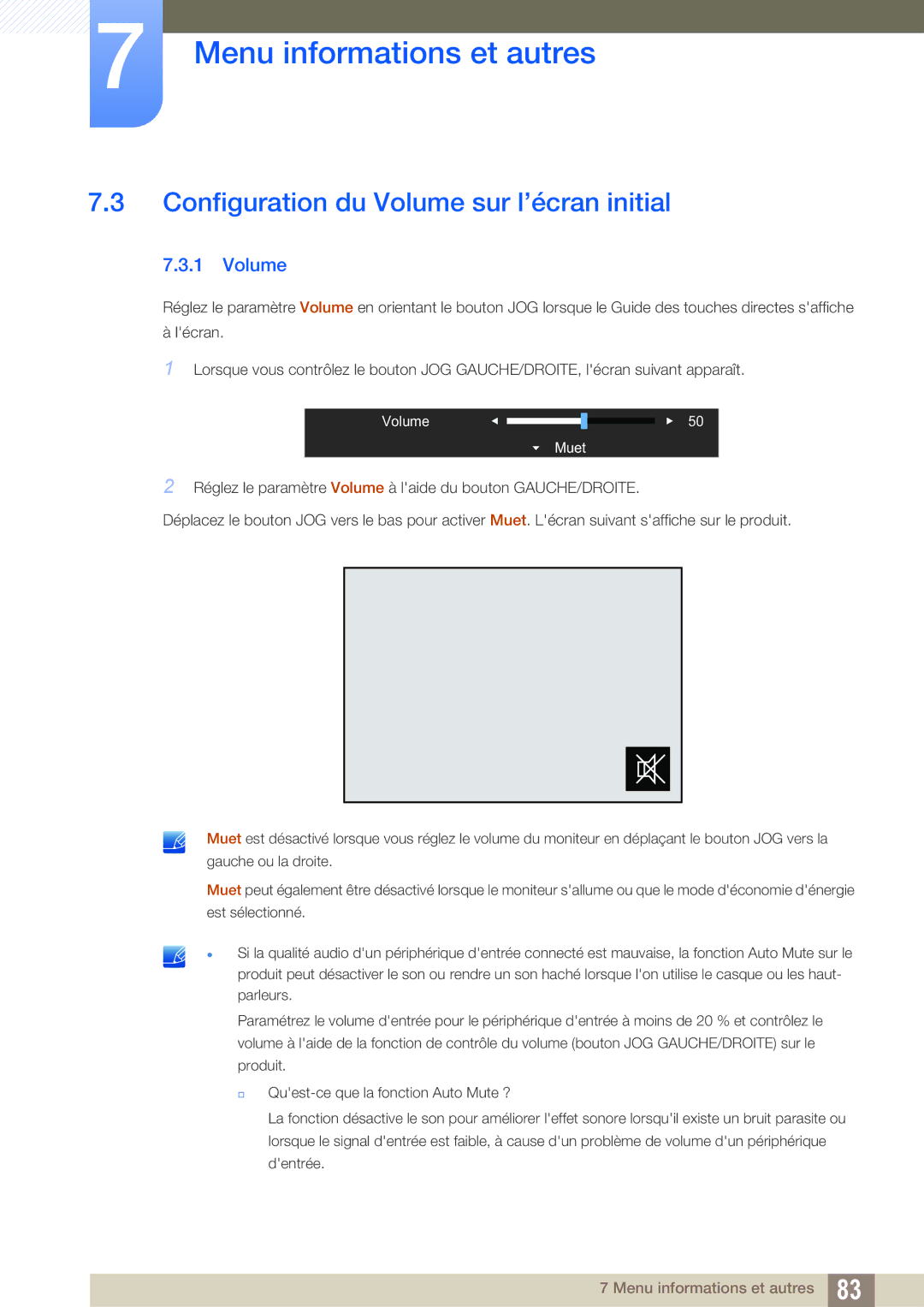 Samsung LU28E590DS/EN, LU24E590DS/EN manual Configuration du Volume sur l’écran initial 