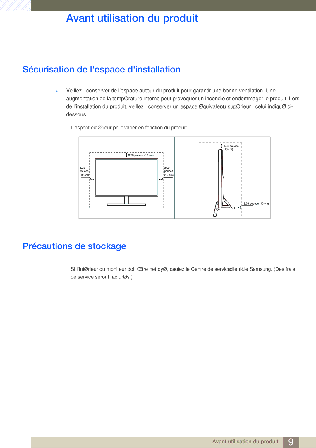 Samsung LU28E590DS/EN, LU24E590DS/EN manual Sécurisation de lespace dinstallation, Précautions de stockage 