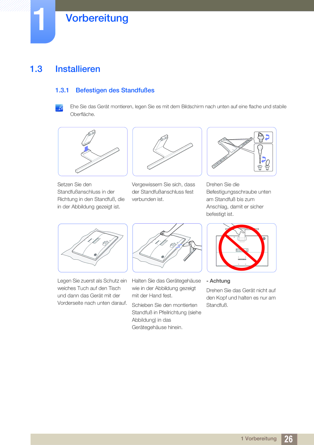 Samsung LU24E590DS/EN, LU28E590DS/EN manual Installieren, Befestigen des Standfußes 