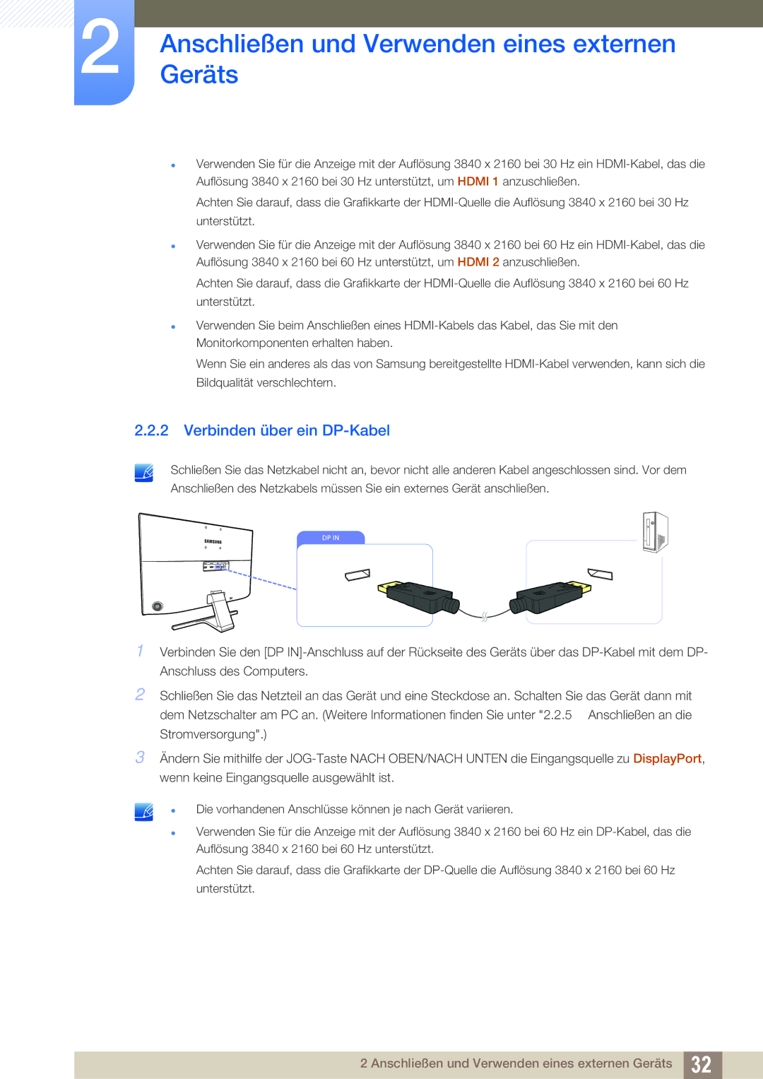 Samsung LU24E590DS/EN, LU28E590DS/EN manual Verbinden über ein DP-Kabel 