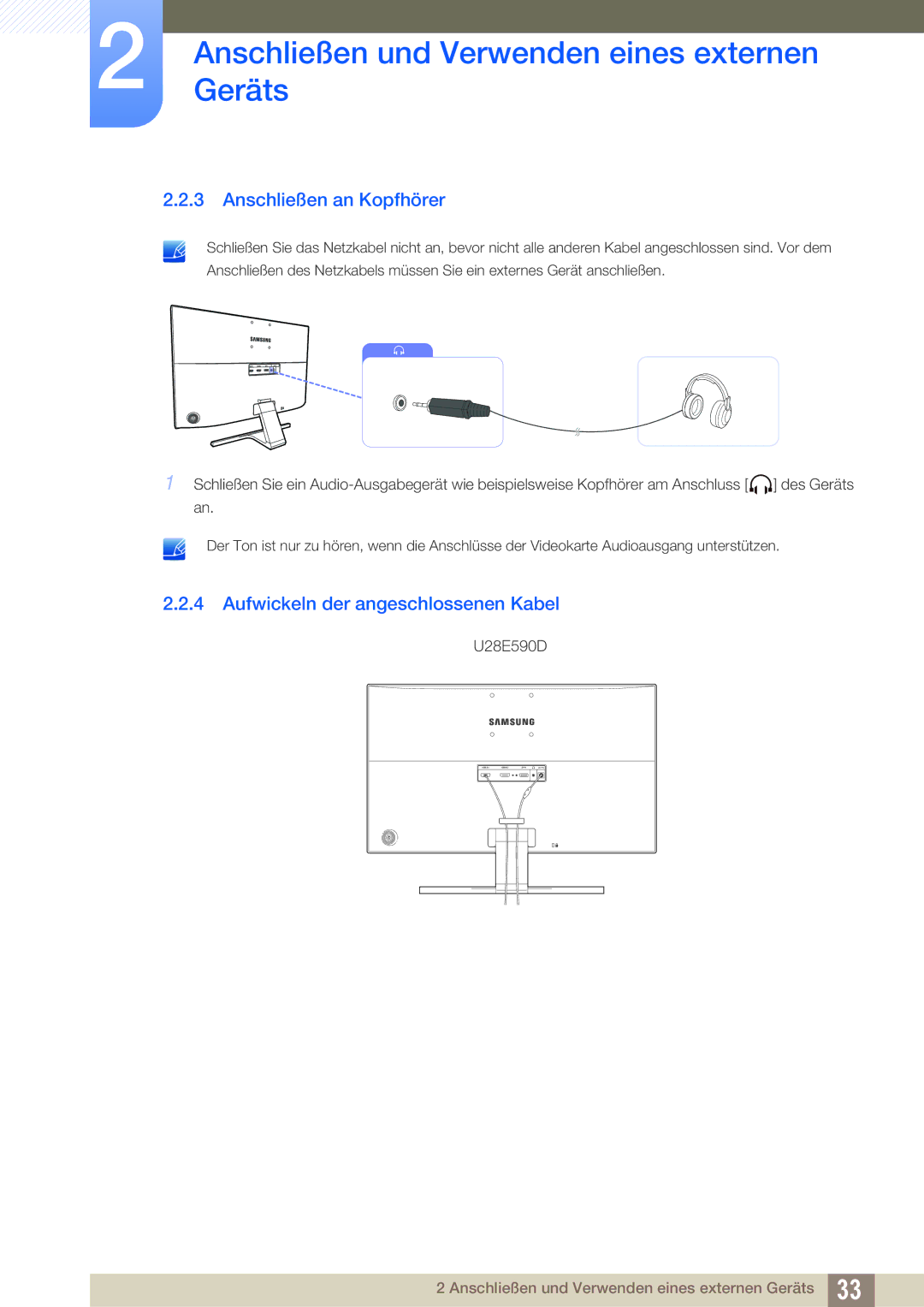 Samsung LU28E590DS/EN, LU24E590DS/EN manual Anschließen an Kopfhörer, Aufwickeln der angeschlossenen Kabel 