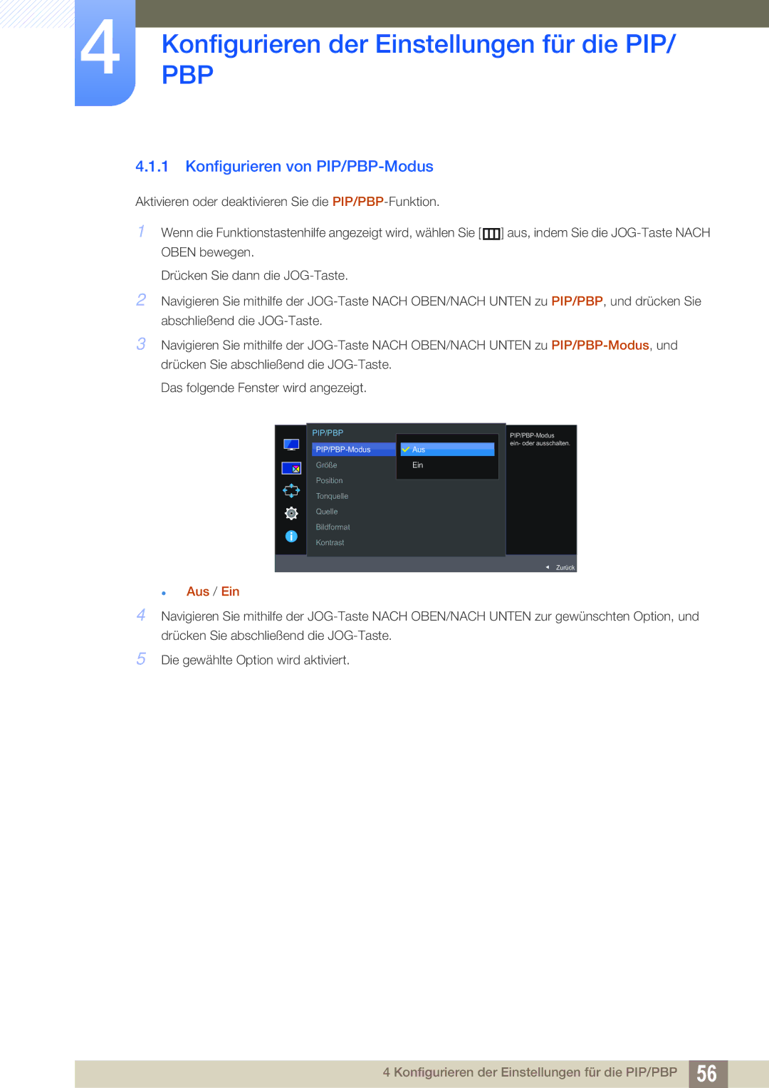 Samsung LU24E590DS/EN, LU28E590DS/EN manual Konfigurieren von PIP/PBP-Modus, Pip/Pbp 