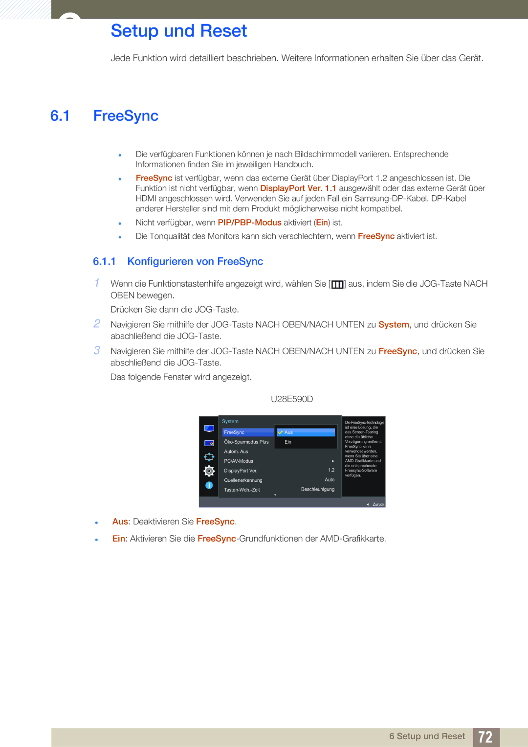 Samsung LU24E590DS/EN, LU28E590DS/EN manual Setup und Reset, Konfigurieren von FreeSync 