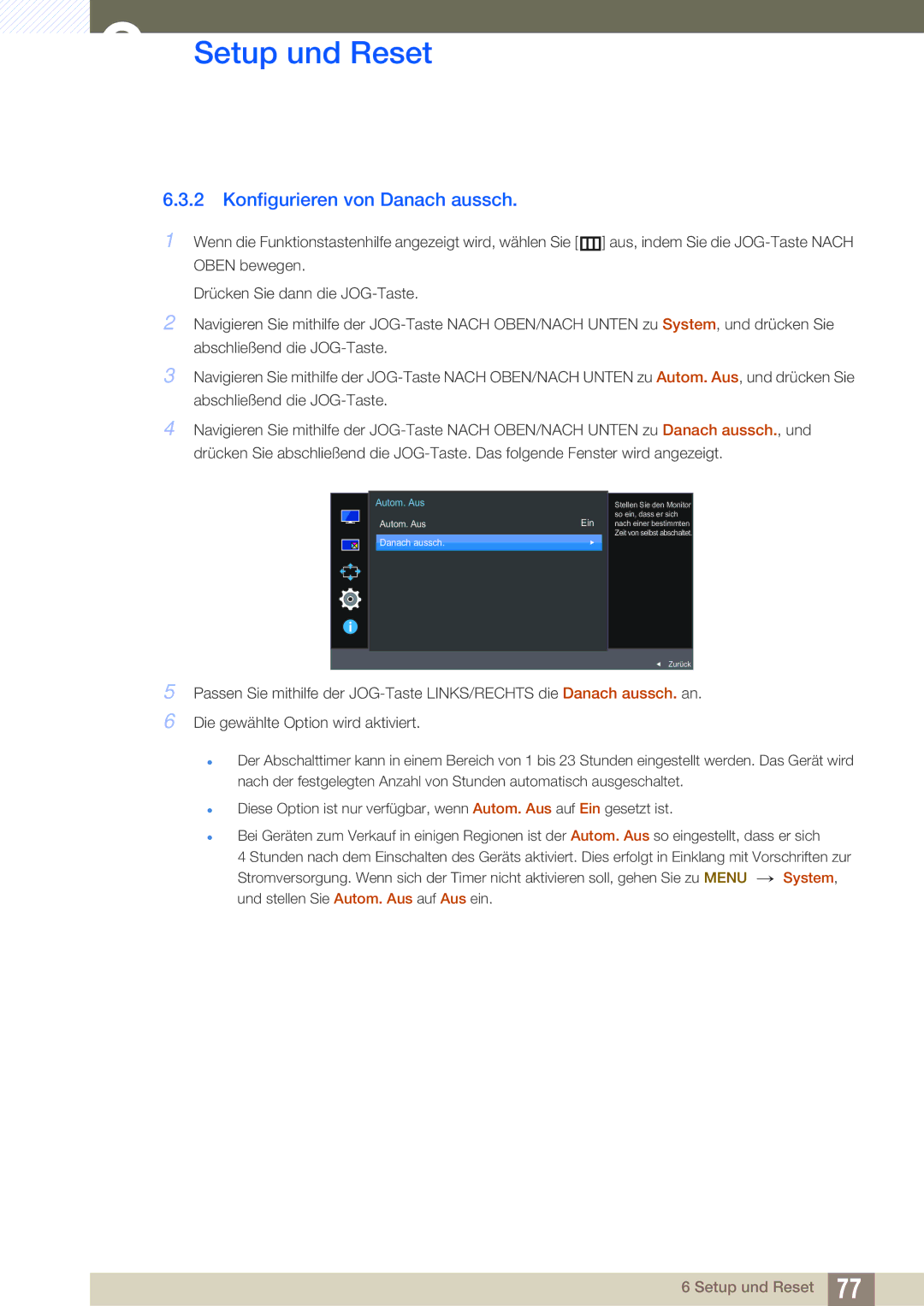 Samsung LU28E590DS/EN, LU24E590DS/EN manual Konfigurieren von Danach aussch, Autom. Aus 