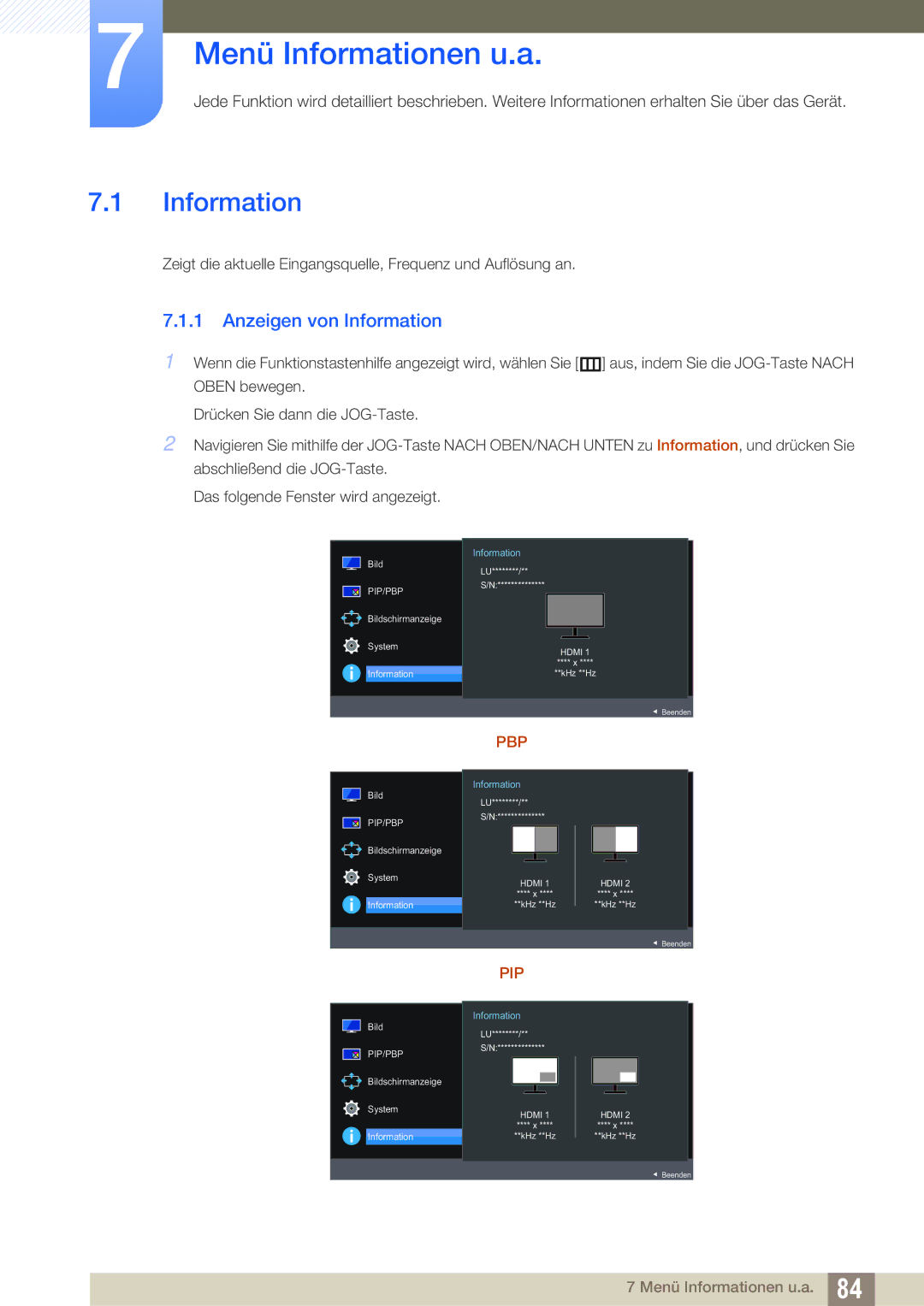 Samsung LU24E590DS/EN, LU28E590DS/EN manual Menü Informationen u.a, Anzeigen von Information 