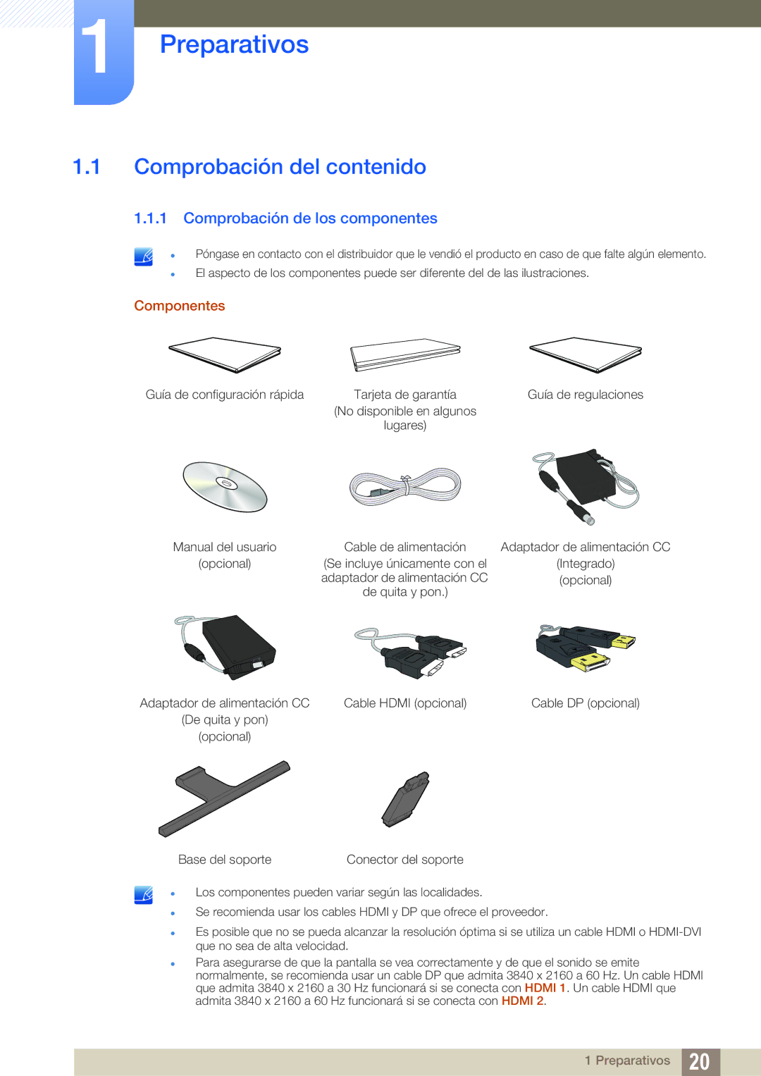 Samsung LU24E590DS/EN, LU28E590DS/EN manual Preparativos, Comprobación del contenido, Comprobación de los componentes 