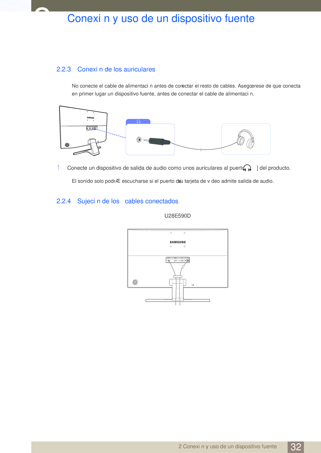 Samsung LU24E590DS/EN, LU28E590DS/EN manual Conexión de los auriculares, Sujeción de los cables conectados 